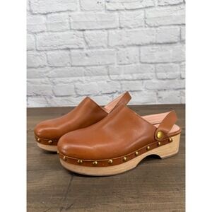 J.Crew Women Tan Brown Leather Studded Slingback Wood Clog Mule Sandals Shoes 6